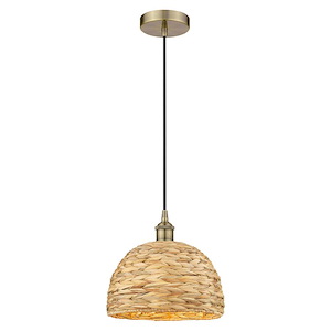 Woven Rattan - 1 Light Cord Hung Mini Pendant-10.75 Inch Tall and 12 Inch Wide - 1387788