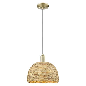 Woven Rattan - 1 Light Cord Hung Mini Pendant-11.58 Inch Tall and 12 Inch Wide - 1387983
