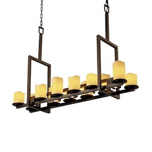 CandleAria Dakota - 12 Light Up and 5-Downlight Tall Bridge Chandelier with Amber Cylinder Melted Rim Faux Candle Shades