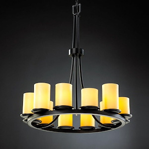 CandleAria Dakota - 12 Light Tall Ring Chandelier with Amber Cylinder Flat Rim Faux Candle Shades - 1037185