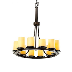 CandleAria Dakota - 12 Light Tall Ring Chandelier with Amber Cylinder Melted Rim Faux Candle Shades