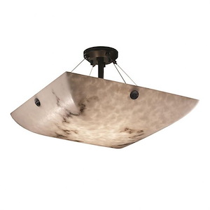 LumenAria Finials - 3 Light Semi-Flush Mount with Square Bowl Faux Alabaster Shade and Concentric Circles Finials - 1038631