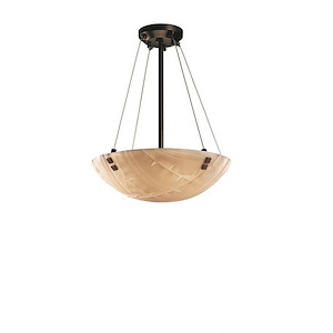 Porcelina Finials - 3 Light Pendant Round Bowl with Banana Leaf Faux Porcelain Shade and Square Finials