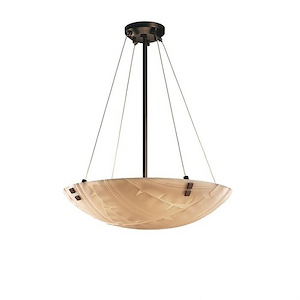 Porcelina Finials - 6 Light Pendant Round Bowl with Banana Leaf Faux Porcelain Shade and Square Finials - 1038688
