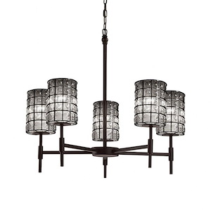Wire Glass Union - 5 Light Chandelier with Cylinder Flat Rim Shape Grid with Clear Bubble Wire Glass Shades