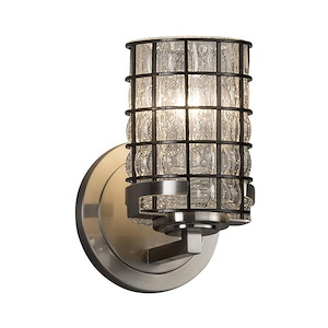 Wire Glass Atlas - 1 Light Wall Sconce with Cylinder Flat Rim Shape Grid with Clear Bubble Wire Glass Shades