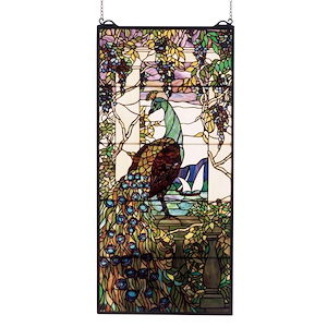 Tiffany Peacock Wisteria - 19 X 40 Inch Stained Glass Window