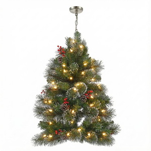 SkyPlug 3-Foot Pre-Lit Hanging Christmas Tree Chandelier with Frosted Tips and Red Berries - 1316419