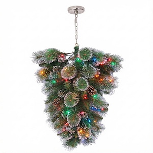SkyPlug 3-Foot Pre-Lit Upside Down Ceiling Christmas Tree Fixture with Frosted Tips and Red Berry Ornaments - 1316421