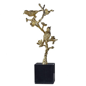 Dann Foley - Perched Birds On Gold Cherry Blossom Branch Sculpture In Contemporary Style-13.58 Inches Tall and 5.91 Inches Wide
