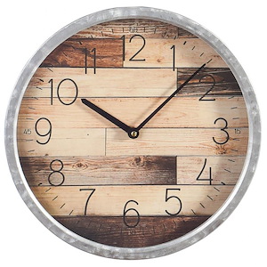 Adornment - 13.78 Inch Round Framed Faux Plank Wood Wall Clock with Glass Front