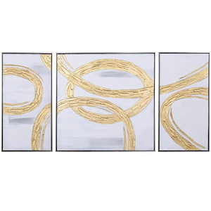 Abstract Gold Circles Triptych - Embellished Oil On Canvas Wall Art (Set of 3) In Modern Style-28.54 Inches Tall and 28.54 Inches Wide