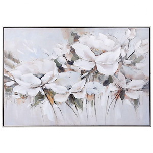 White Blossoms - Framed Hand Painted Flowers On Canvas Wall Art In Traditional Style-32 Inches Tall and 47 Inches Wide