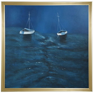 Blue Water Sailboat - Framed Canvas Wall Art In Coastal Style-53 Inhces Tall and 53 Inches Wide