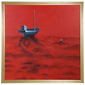 Red Water Sailboat - Framed Canvas Wall Art In Coastal Style-53 Inhces Tall and 53 Inches Wide