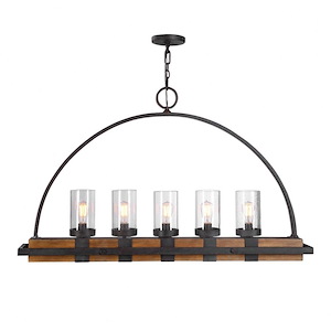 Atwood-Linear Chandelier 5 Light Rubber Wood/Glass/Steel - 51 inches wide by 7.75 inches deep
