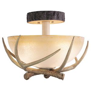 Lodge 3-Light Semi-Flush Mount in Rustic and Antler Style 12.75 Inches Tall and 16 Inches Wide
